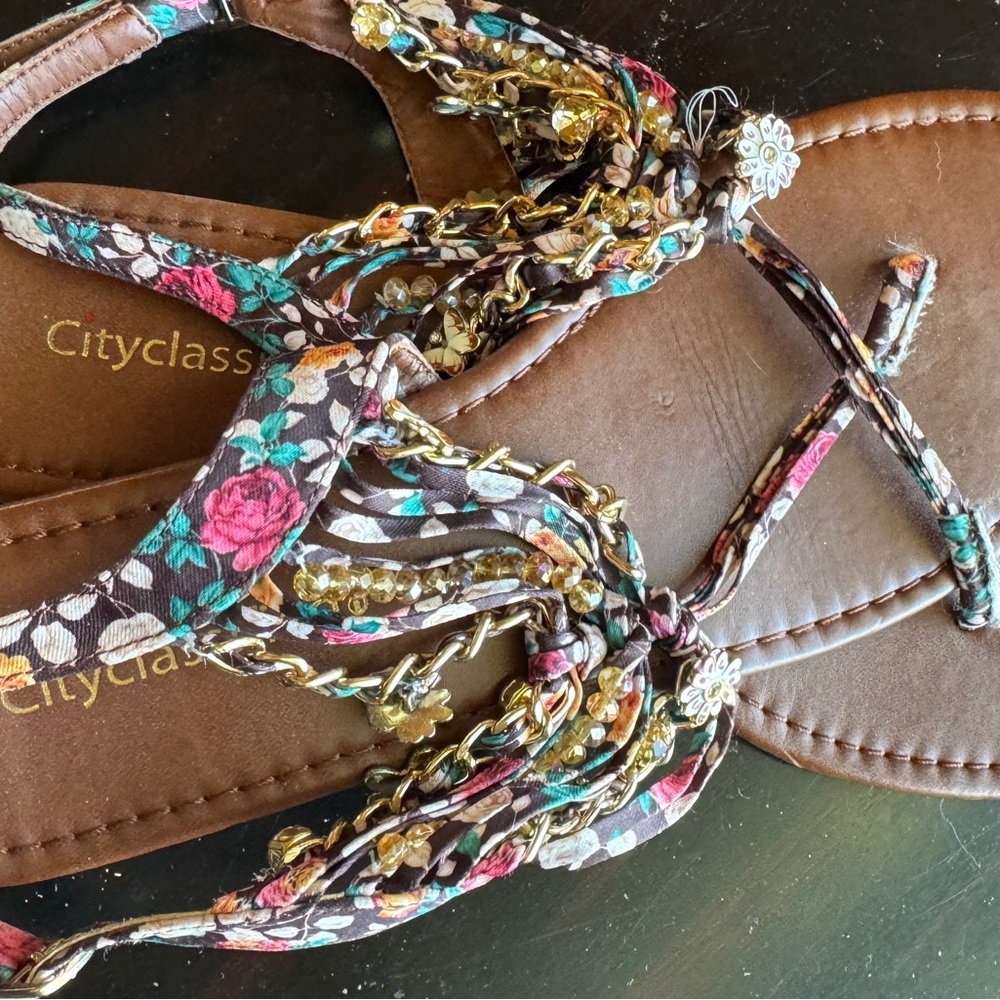 Cityclassified Brown Floral Sandals with Gold Accents